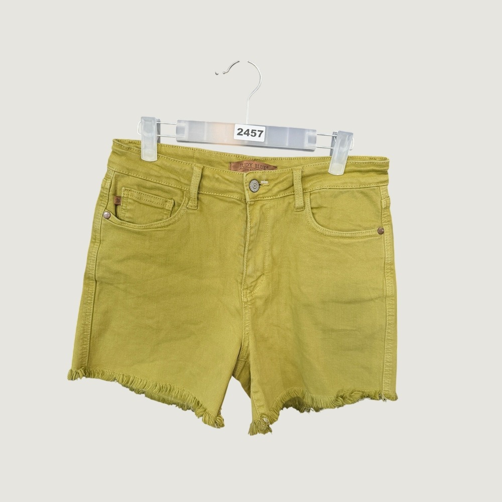 Judy Blue Denim Shorts Womens L Yellow High Rise Frayed Raw Hem Stretch